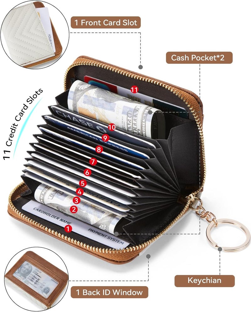 Bostanten Credit Card Holder Wallet RFID Blocking Leather Small Wallet for Women Zipper Keychain Wallet with Wristlet Beige＆Brown - Image 2